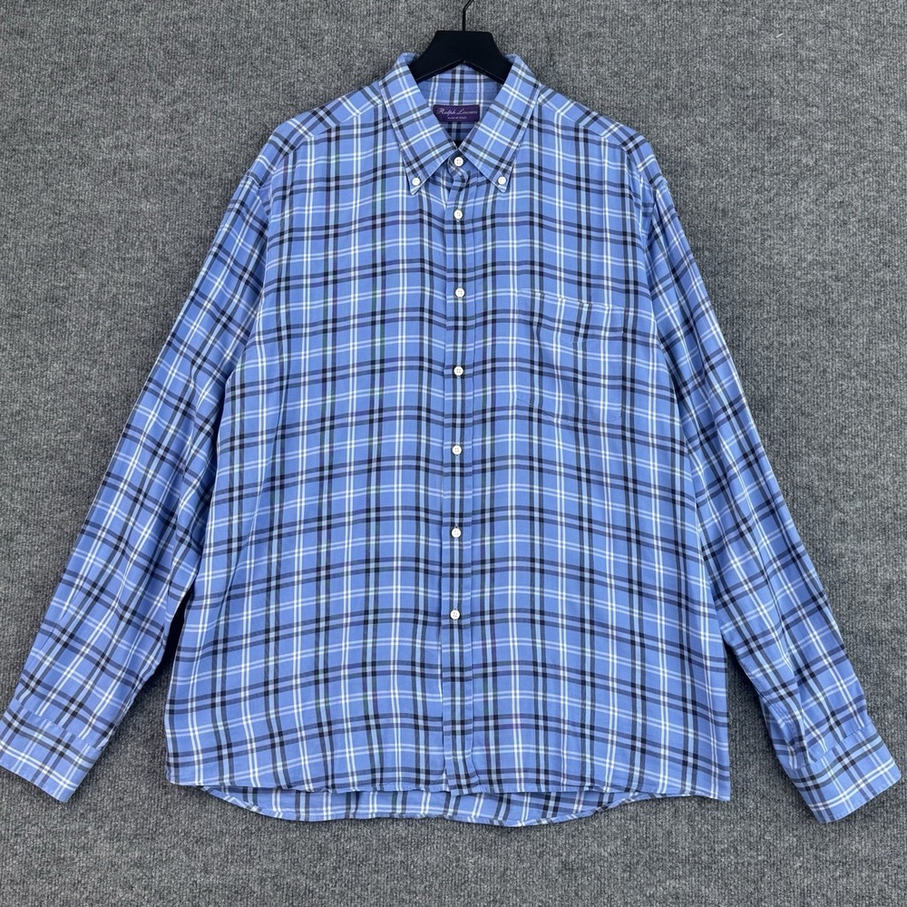 Ralph Lauren Purple Label Button Down Shirt Mens XXL Blue Plaid Italy Made Lux